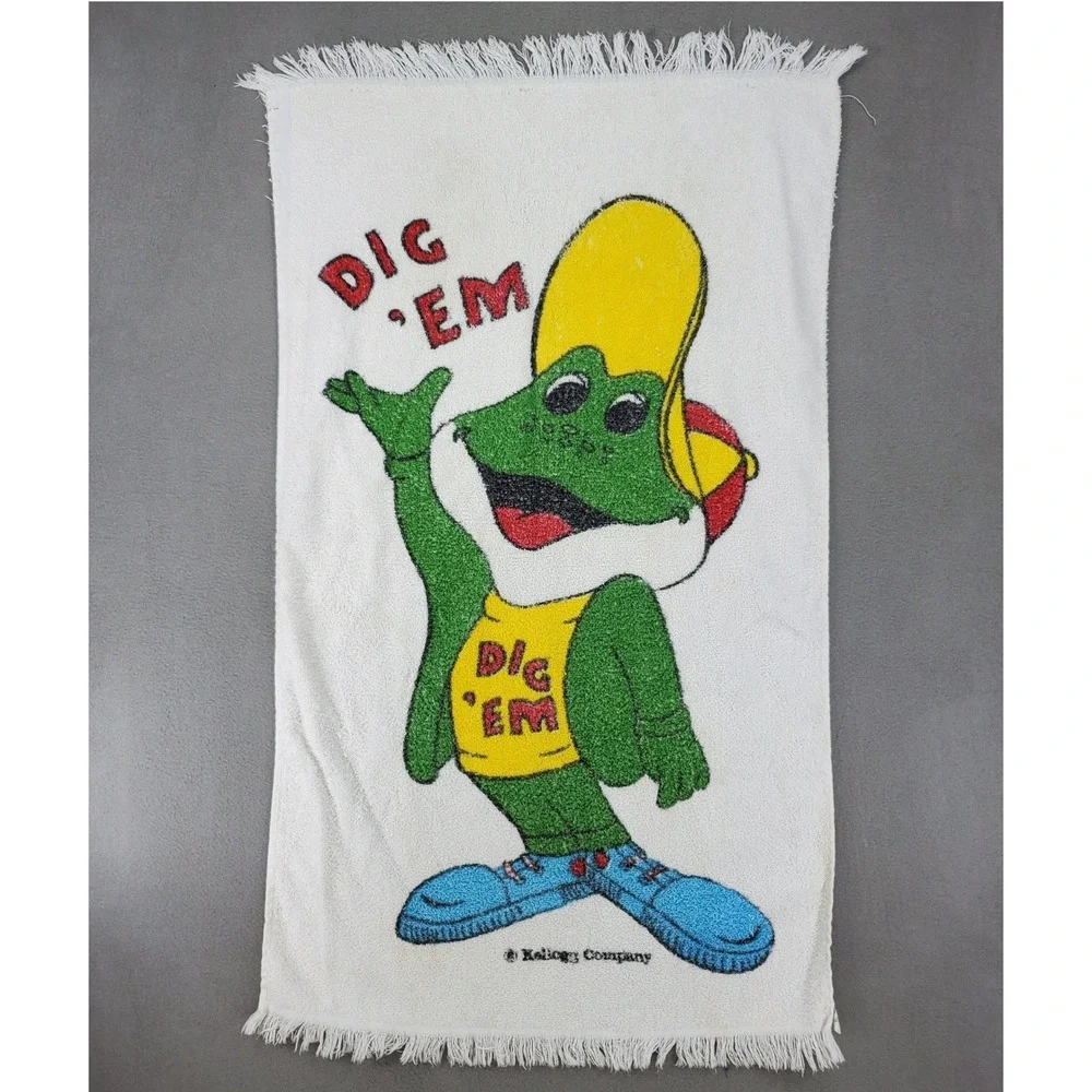 Kellogg‎ Company Dig Em Frog Beach Towel White Vintage 1980s Honey Smacks Mascot